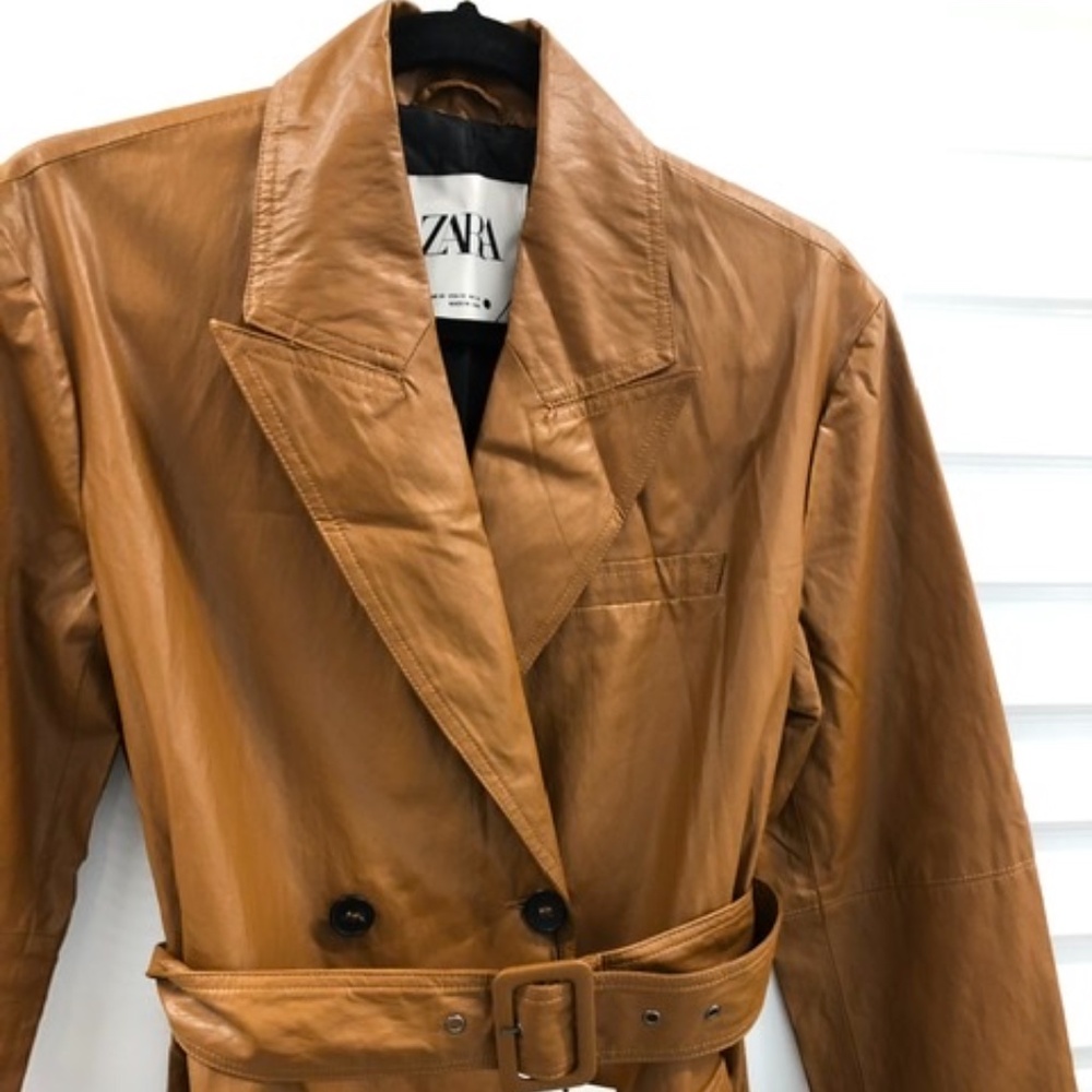 NWT ZARA Faux Leather Long Brown Trench Coat, XS